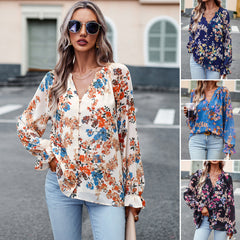 Women’s Floral Print V Neck Chiffon Blouse Long Sleeve Casual Tops | Lorrid®