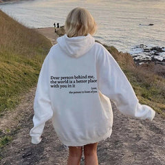 Dear Person Behind Me Women’s Plush Letter-Printed Kangaroo-Pocket Hooded Pullover – ® Lorrid