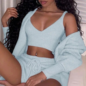 Lorrid®3pcs Women’s Velvet Pajama Set – Crop Top & Shorts Loungewear
