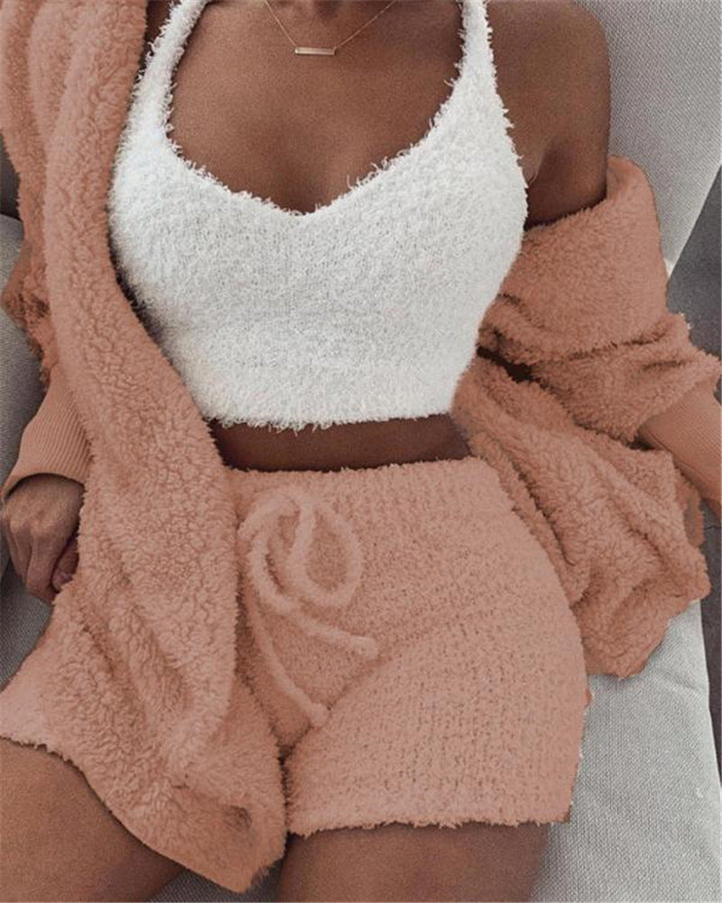Lorrid®3pcs Women’s Velvet Pajama Set – Crop Top & Shorts Loungewear