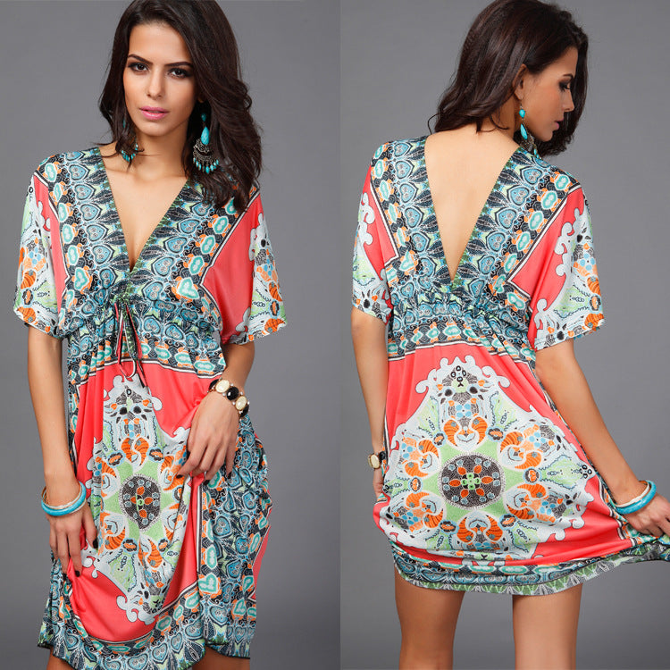 Boho Tribal Dress Women’s V Neck Short Sleeve Summer Midi Outfit | Lorrid®
