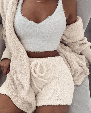 Lorrid®3pcs Women’s Velvet Pajama Set – Crop Top & Shorts Loungewear