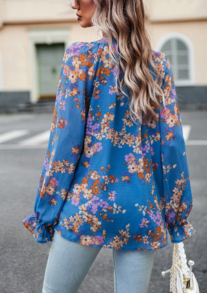 Women’s Floral Print V Neck Chiffon Blouse Long Sleeve Casual Tops | Lorrid®