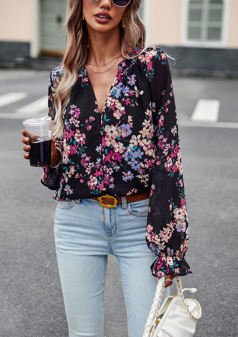 Women’s Floral Print V Neck Chiffon Blouse Long Sleeve Casual Tops | Lorrid®