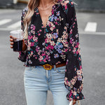 Women’s Floral Print V Neck Chiffon Blouse Long Sleeve Casual Tops | Lorrid®
