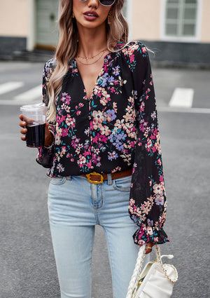 Women’s Floral Print V Neck Chiffon Blouse Long Sleeve Casual Tops | Lorrid®
