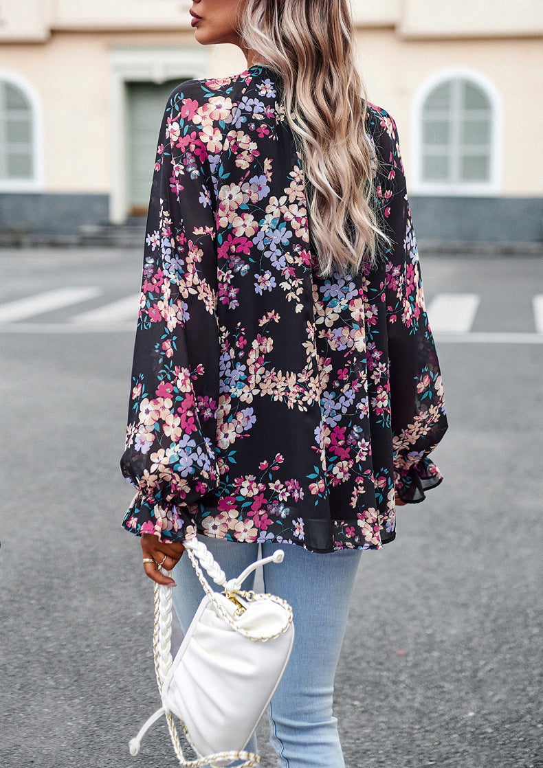 Women’s Floral Print V Neck Chiffon Blouse Long Sleeve Casual Tops | Lorrid®