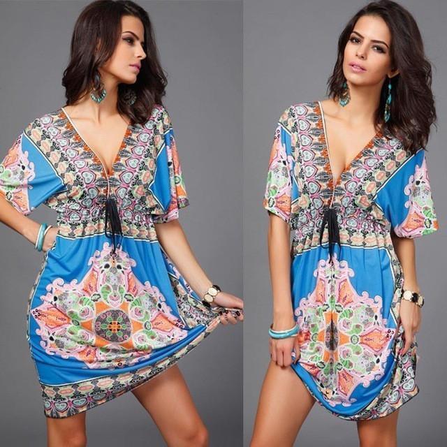 Boho Tribal Dress Women’s V Neck Short Sleeve Summer Midi Outfit | Lorrid®