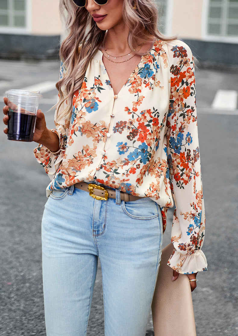 Women’s Floral Print V Neck Chiffon Blouse Long Sleeve Casual Tops | Lorrid®