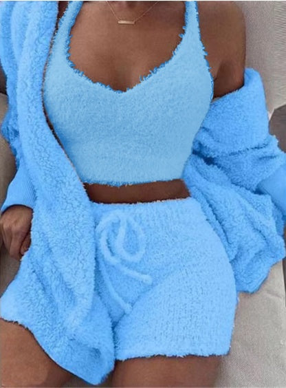 Lorrid®3pcs Women’s Velvet Pajama Set – Crop Top & Shorts Loungewear