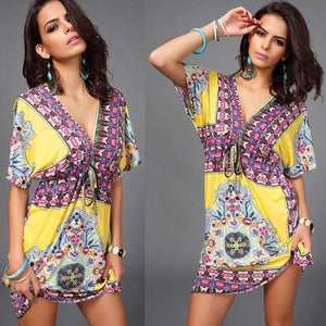 Boho Tribal Dress Women’s V Neck Short Sleeve Summer Midi Outfit | Lorrid®
