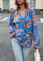 Women’s Floral Print V Neck Chiffon Blouse Long Sleeve Casual Tops | Lorrid®