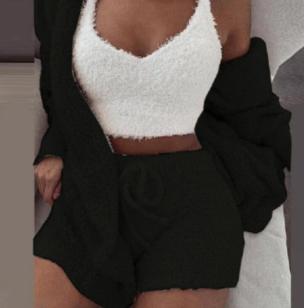 Lorrid®3pcs Women’s Velvet Pajama Set – Crop Top & Shorts Loungewear