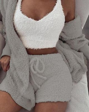 Lorrid®3pcs Women’s Velvet Pajama Set – Crop Top & Shorts Loungewear