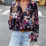 Women’s Floral Print V Neck Chiffon Blouse Long Sleeve Casual Tops | Lorrid®