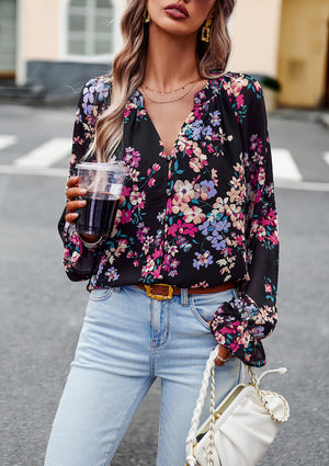 Women’s Floral Print V Neck Chiffon Blouse Long Sleeve Casual Tops | Lorrid®