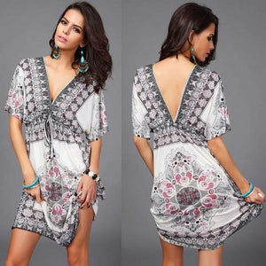 Boho Tribal Dress Women’s V Neck Short Sleeve Summer Midi Outfit | Lorrid®