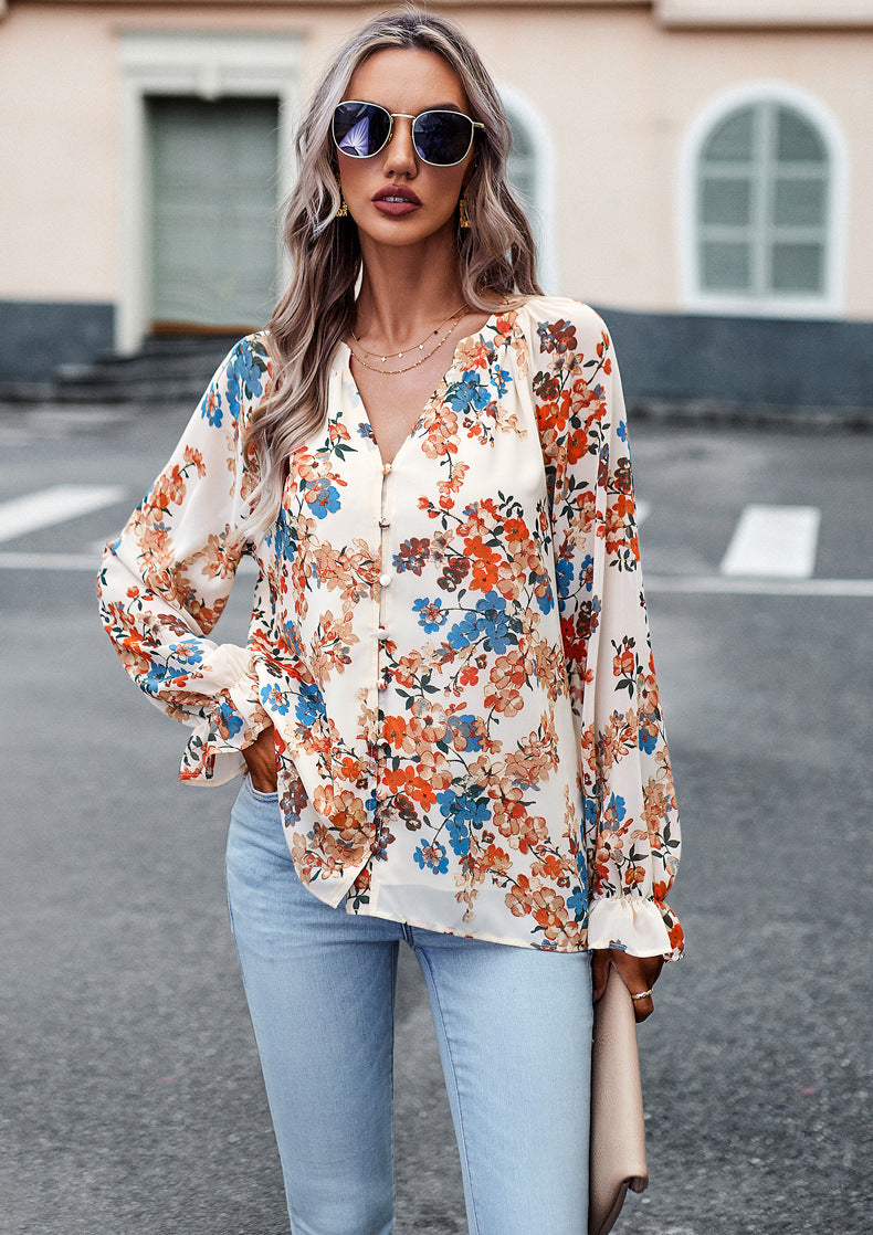 Women’s Floral Print V Neck Chiffon Blouse Long Sleeve Casual Tops | Lorrid®