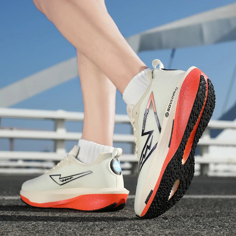 Lightweight carbon plate running shoes for men. Breathable marathon trainers with responsive cushioning and non-slip grip for peak performance.