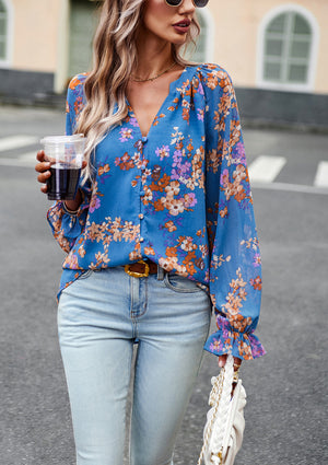 Women’s Floral Print V Neck Chiffon Blouse Long Sleeve Casual Tops | Lorrid®