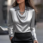 Women’s Swing Collar Satin Blouse Elegant Long Sleeve Office Tops | Lorrid®