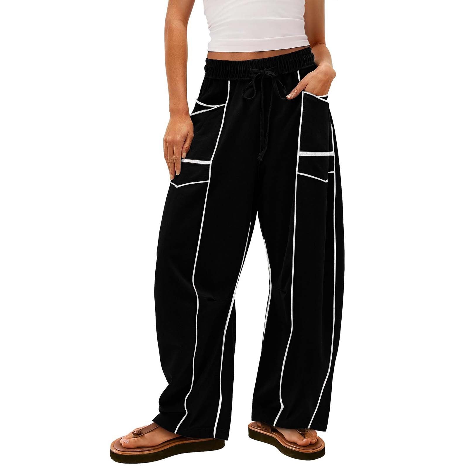 Y2K Black Striped Wide-Leg Pants with Pockets | Women’s Fashion Loose Drawstring Sweatpants | Lorrid® UK