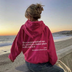 Dear Person Behind Me Women’s Plush Letter-Printed Kangaroo-Pocket Hooded Pullover – ® Lorrid