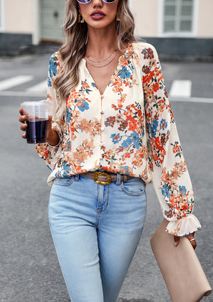 Women’s Floral Print V Neck Chiffon Blouse Long Sleeve Casual Tops | Lorrid®