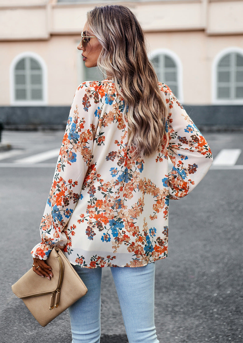 Women’s Floral Print V Neck Chiffon Blouse Long Sleeve Casual Tops | Lorrid®